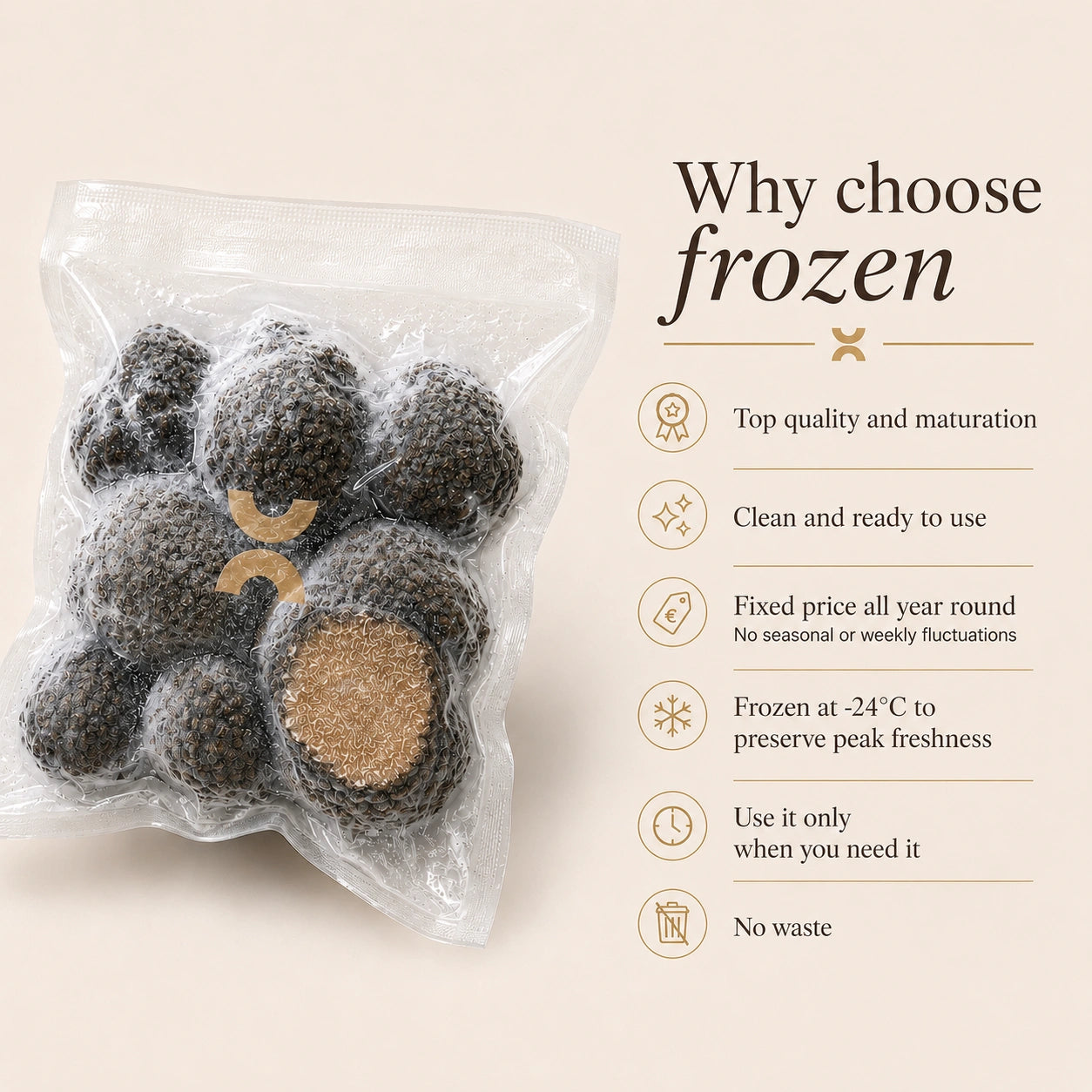 Frozen Tuber aestivum summer black truffles with product benefits for chefs and restaurants